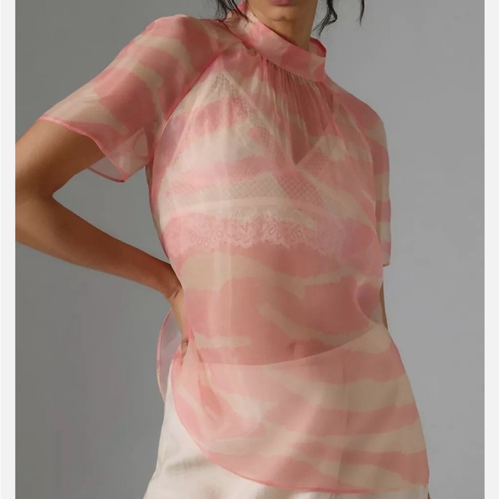 Anthropologie Women’s XS Petite Pink Combo Short Sleeve Mock Neck Blouse NWT